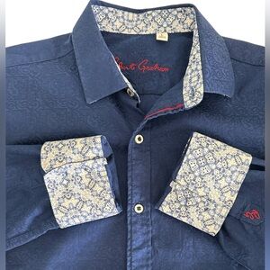 Robert Graham Navy Shirt with White Printed Accents Large